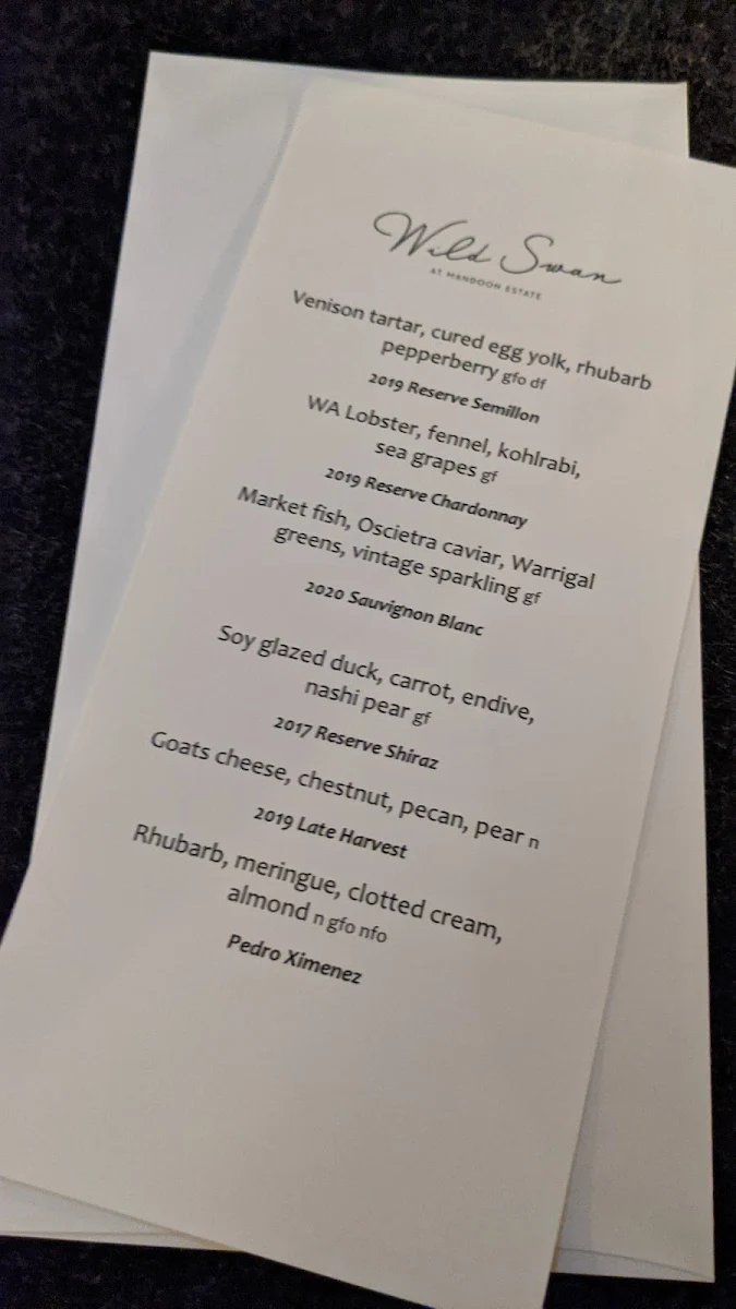 Menu, Wild Swan at Mandoon Estate
