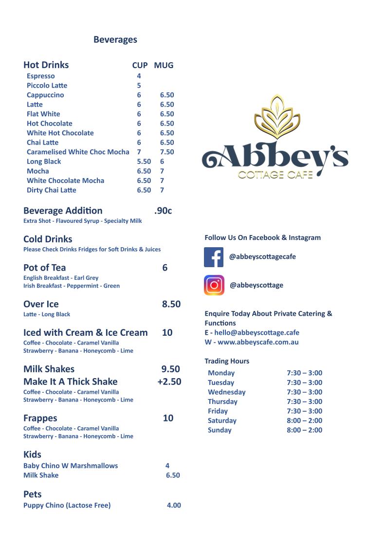 Menu, Abbey's Cottage Cafe