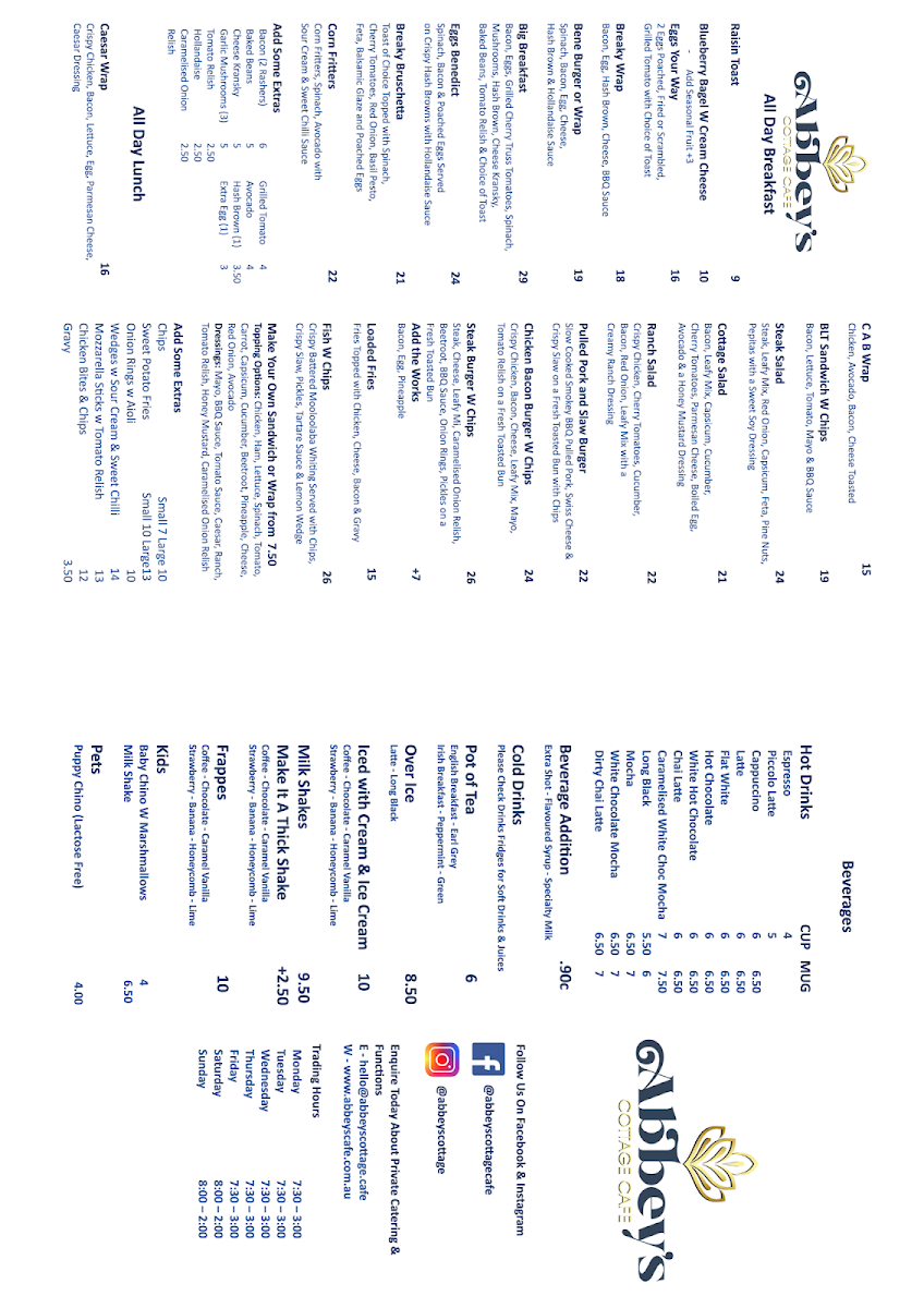 Menu, Abbey's Cottage Cafe