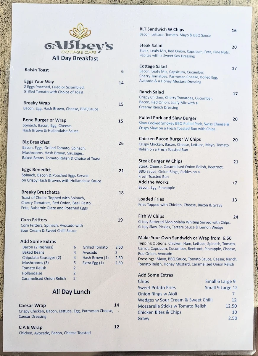 Menu, Abbey's Cottage Cafe