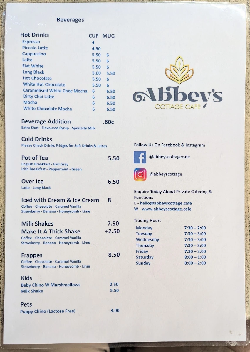 Menu, Abbey's Cottage Cafe