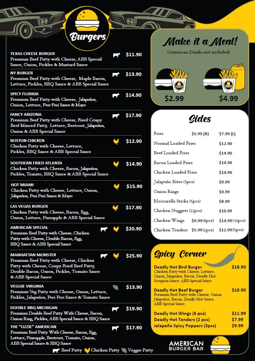 Menu, American Burger Bar Allenby Garden