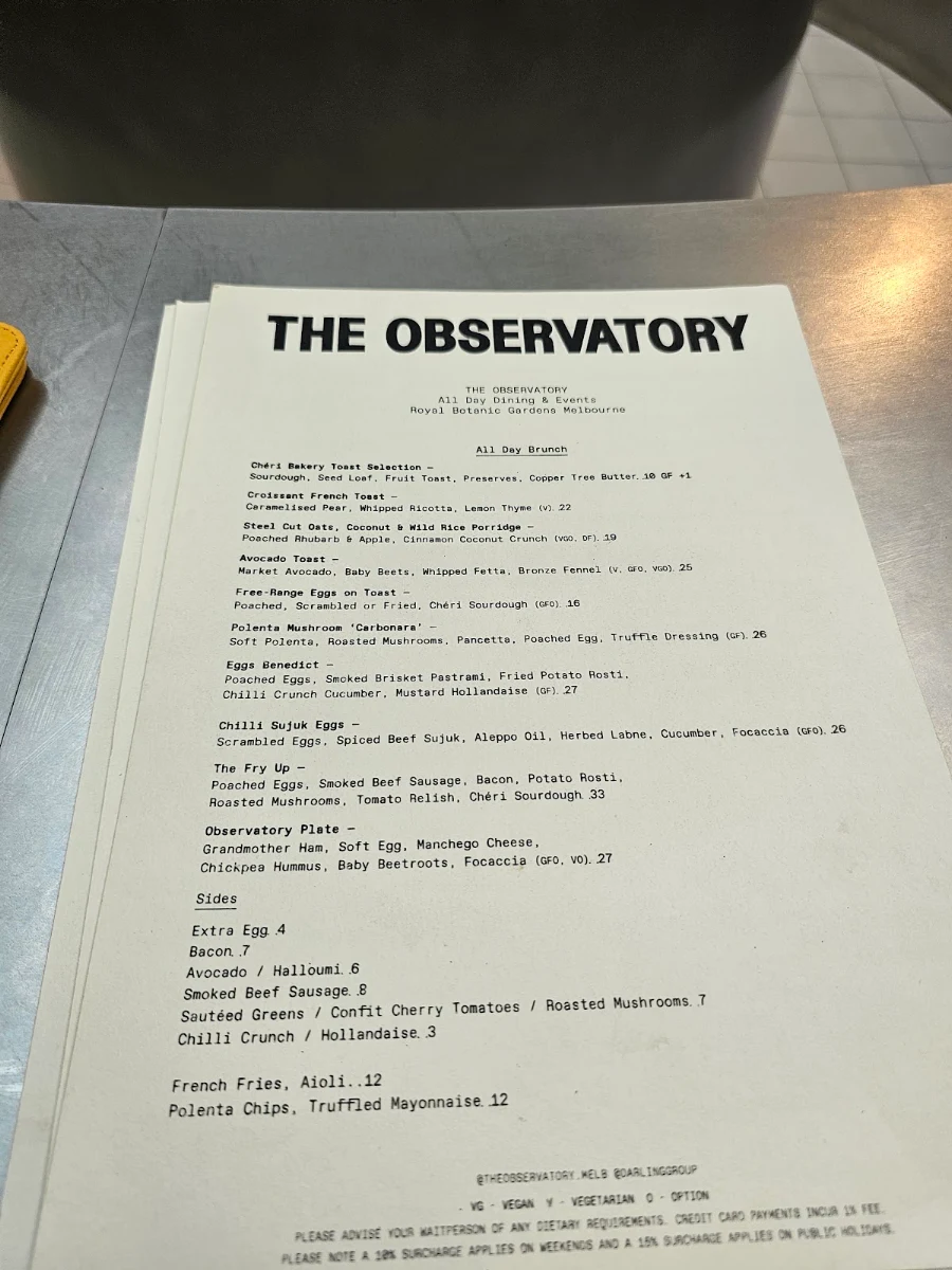 Menu, The Observatory