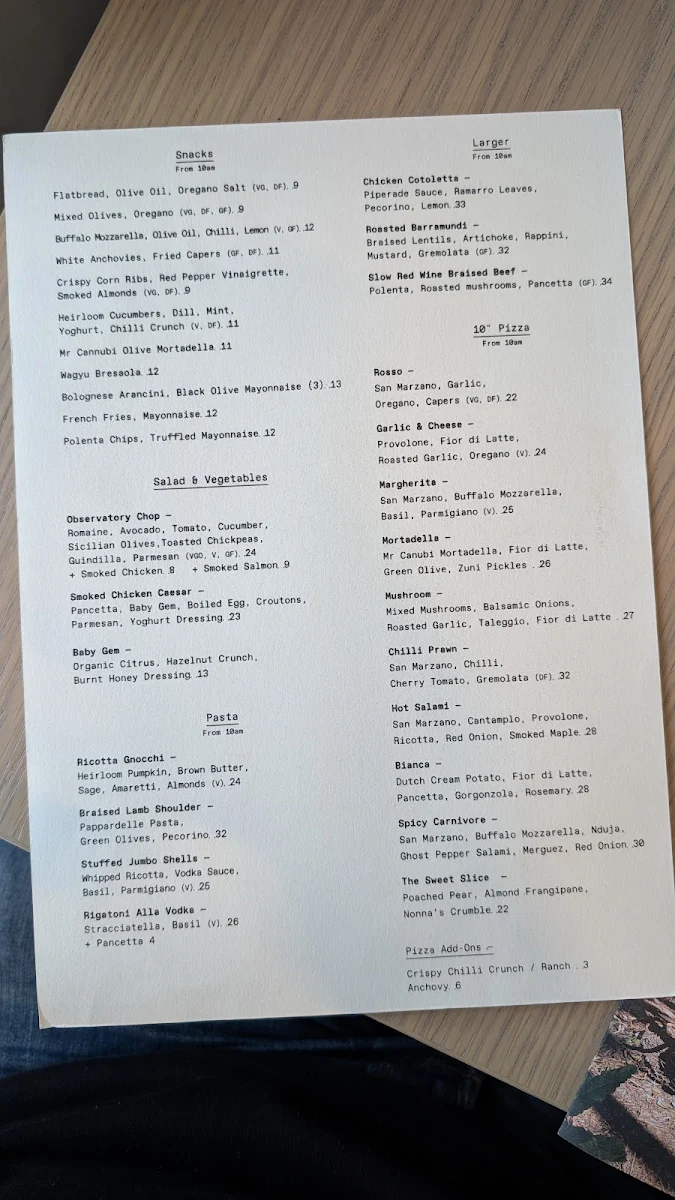 Menu, The Observatory