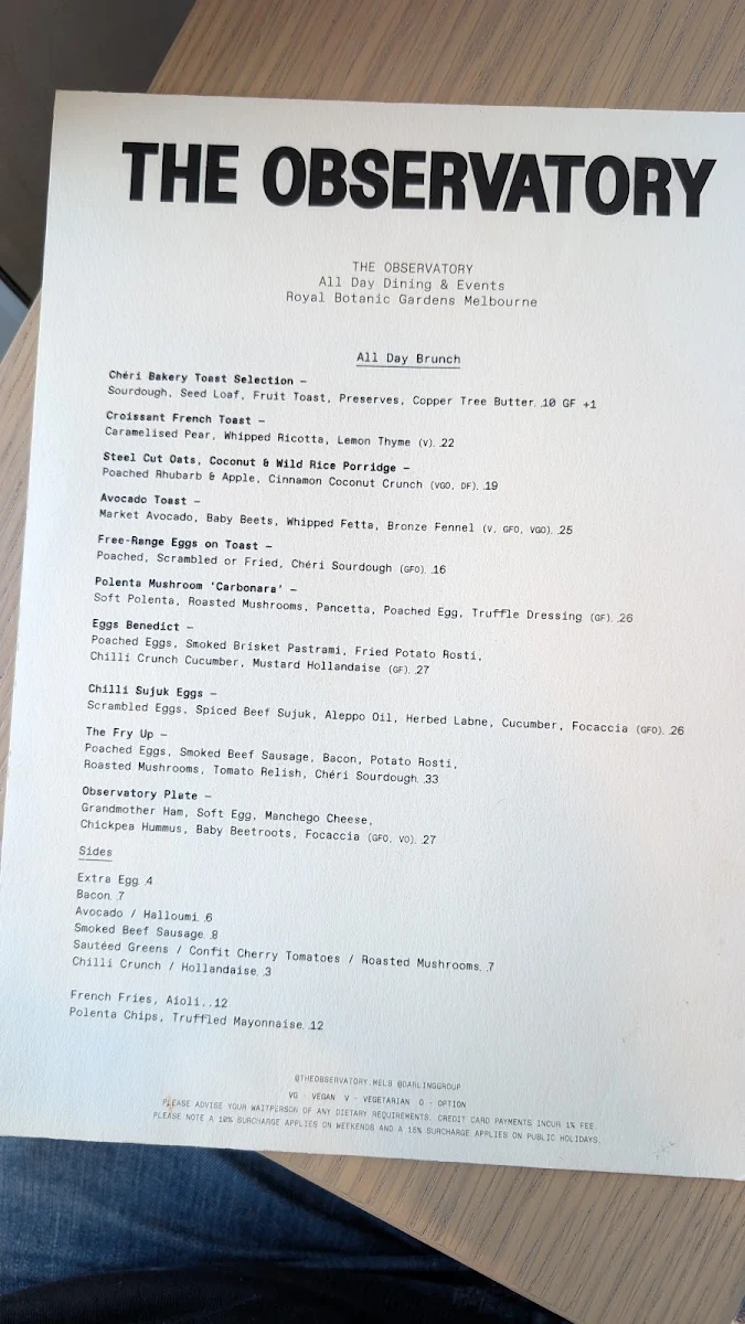 Menu, The Observatory