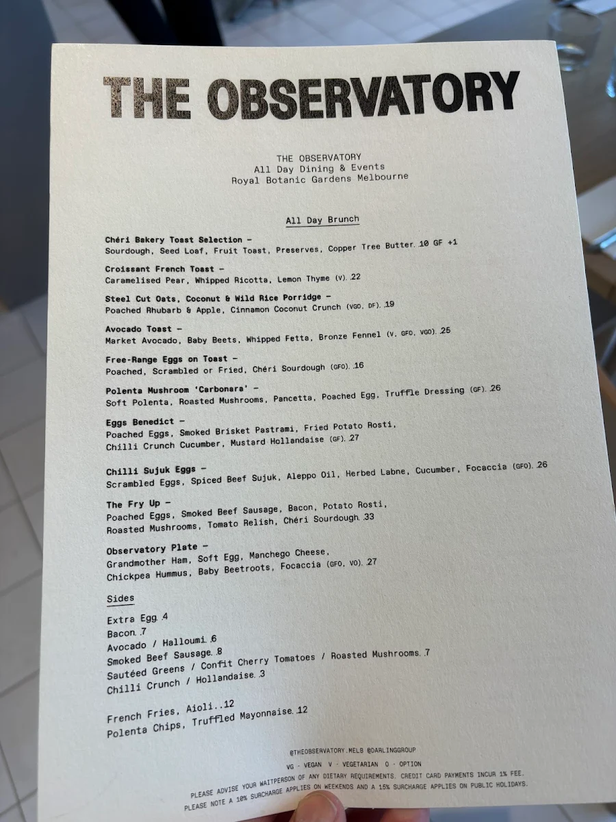 Menu, The Observatory