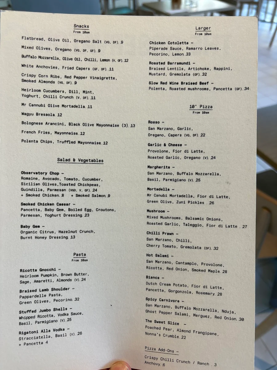 Menu, The Observatory