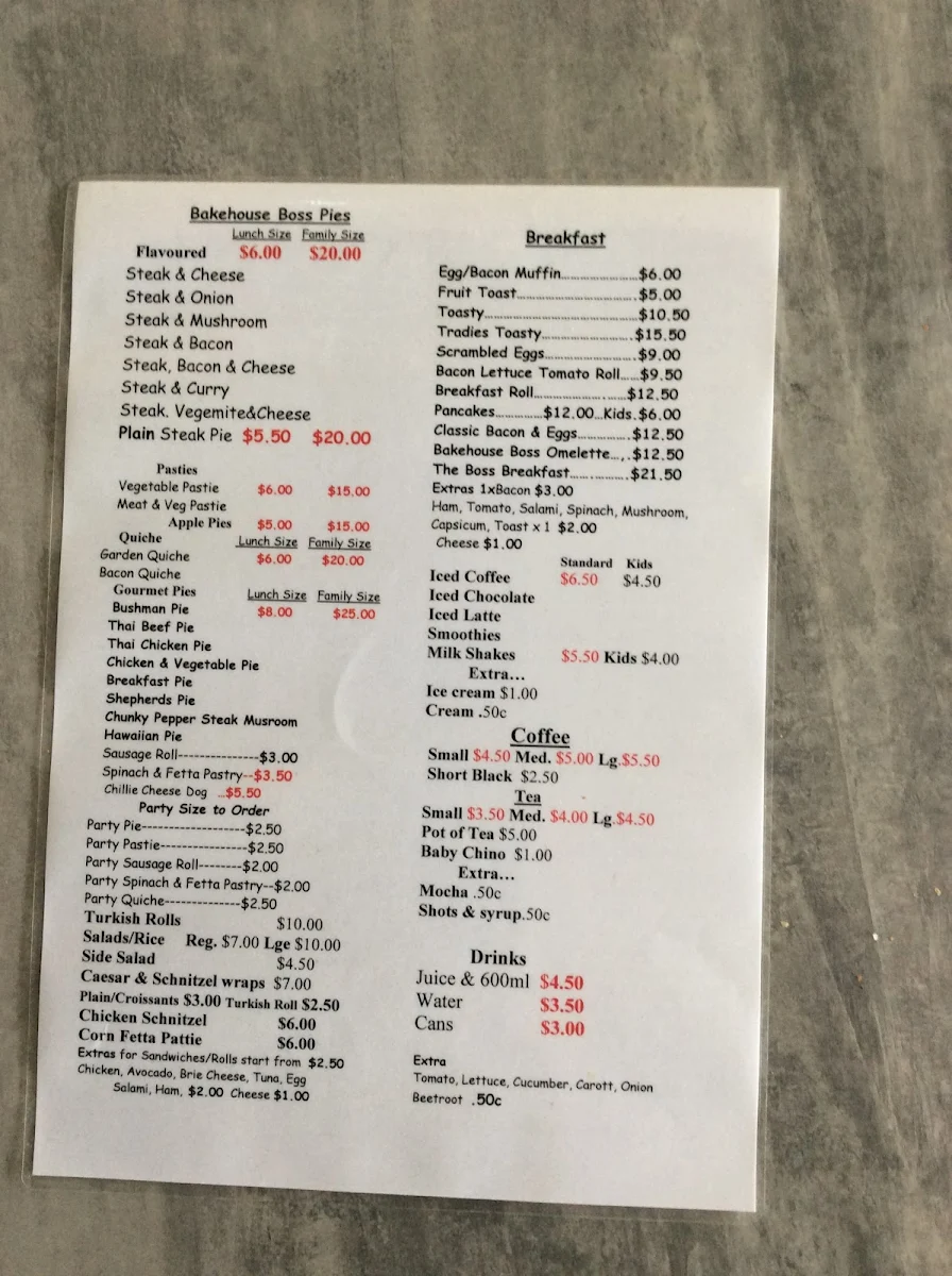 Menu, Bakehouse Boss
