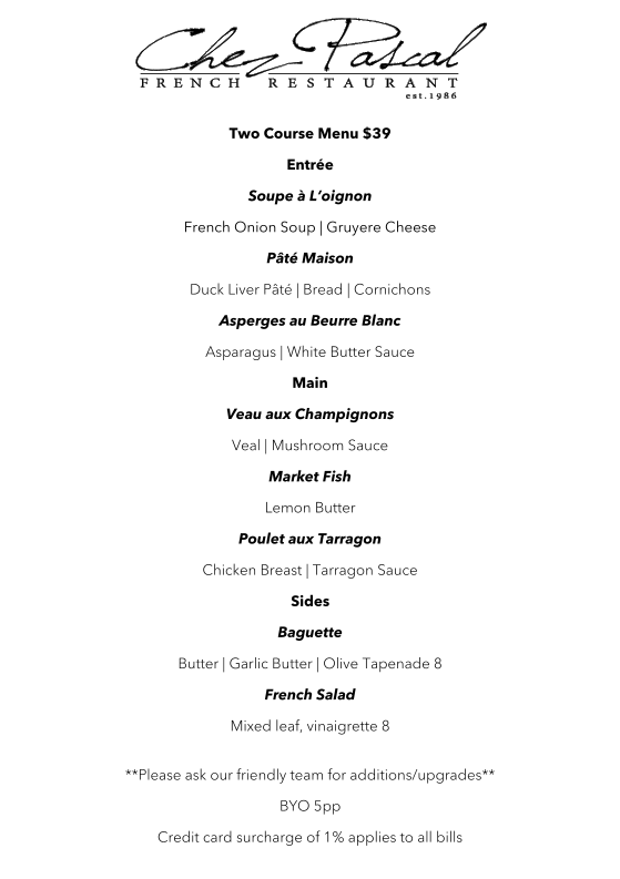 Menu, Chez Pascal French Restaurant