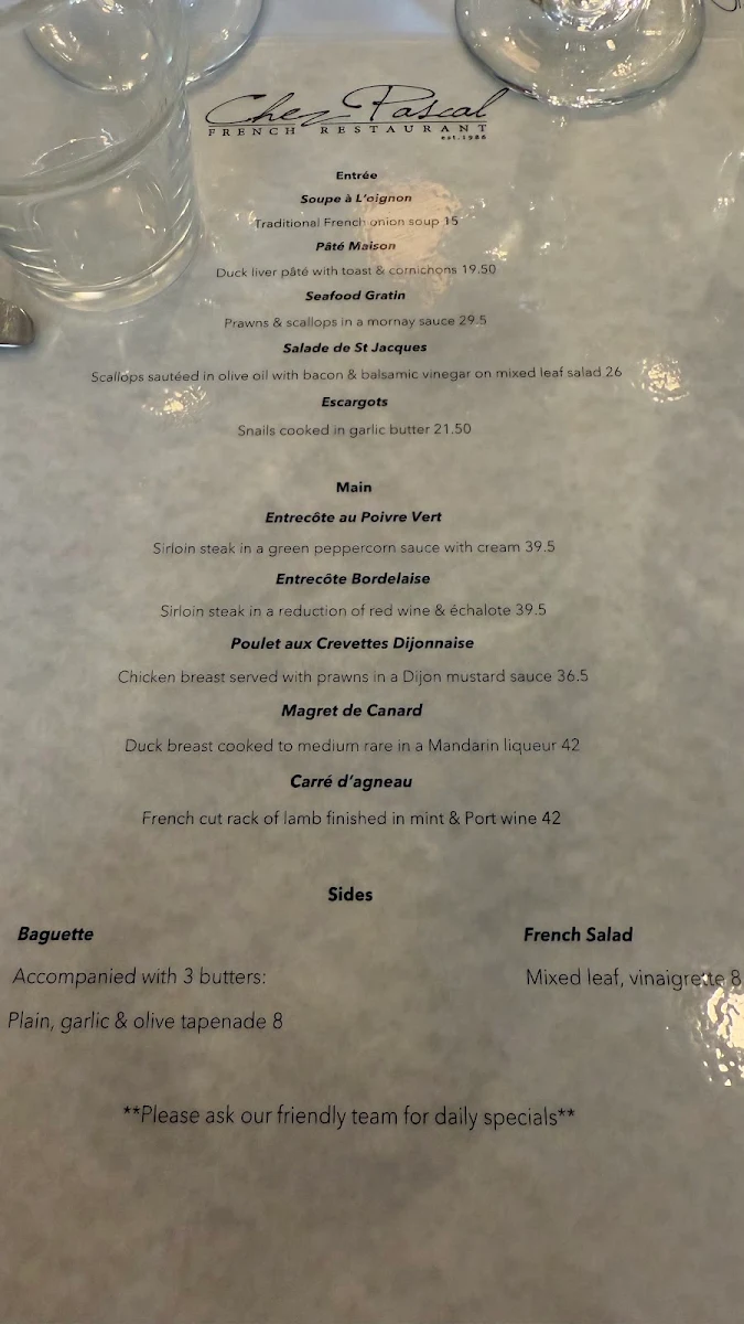 Menu, Chez Pascal French Restaurant