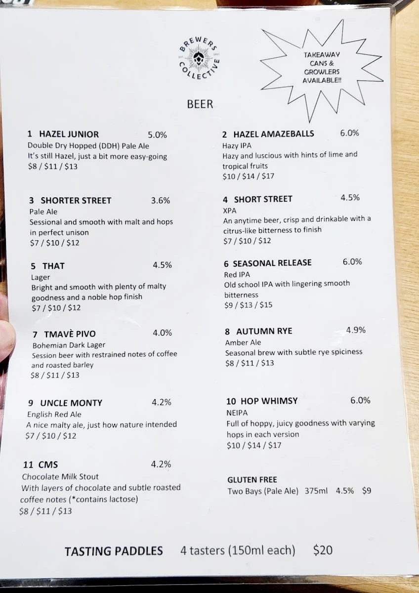 Menu, Brewers Collective