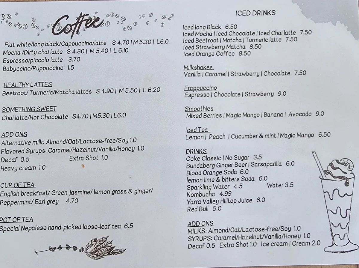 Menu, Roma Cafe and Restaurant