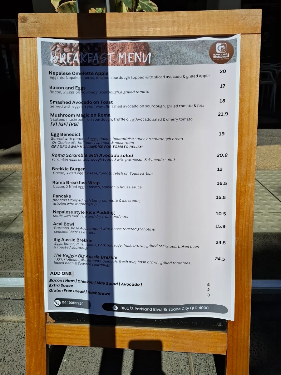 Menu, Roma Cafe and Restaurant