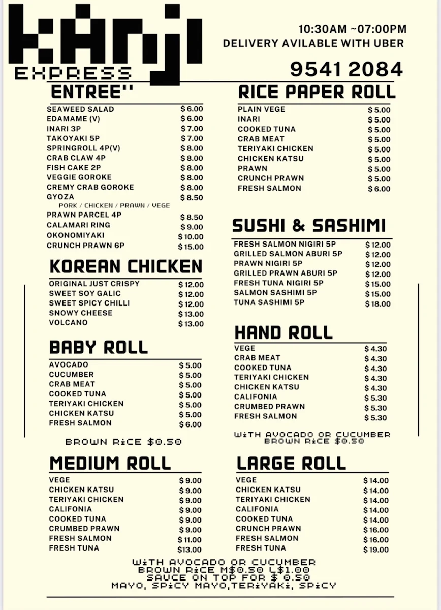Menu, KANJI EXPRESS ILLAWONG