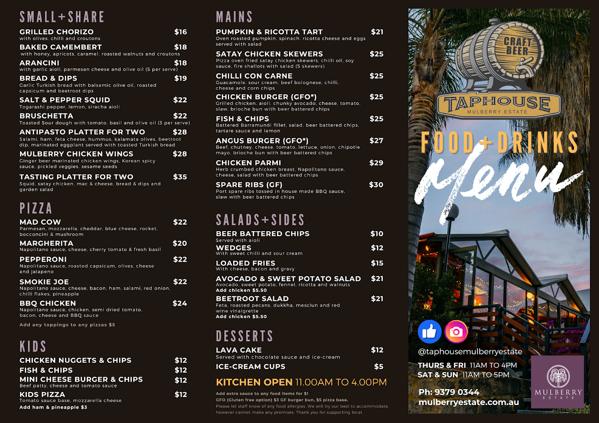 Menu, Taphouse Mulberry Estate