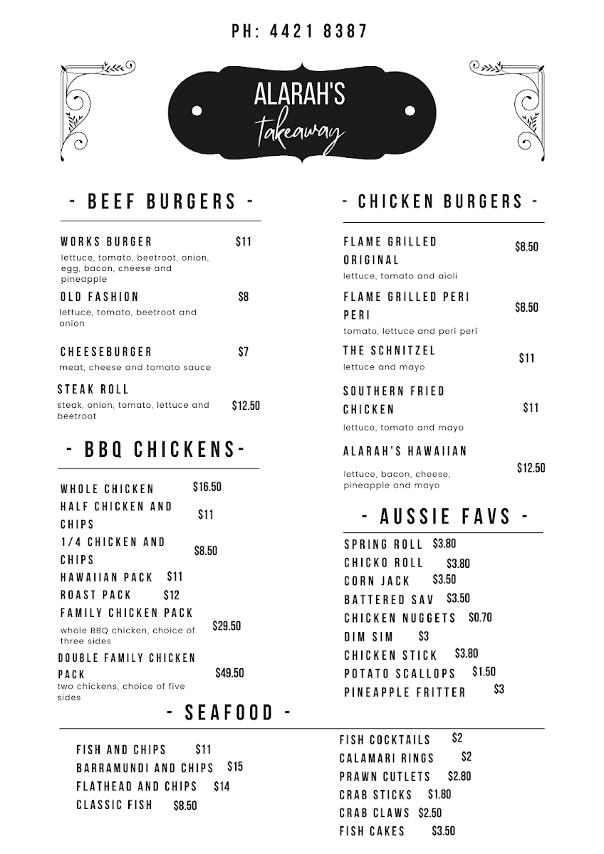 Menu, alarah’s Takeaway