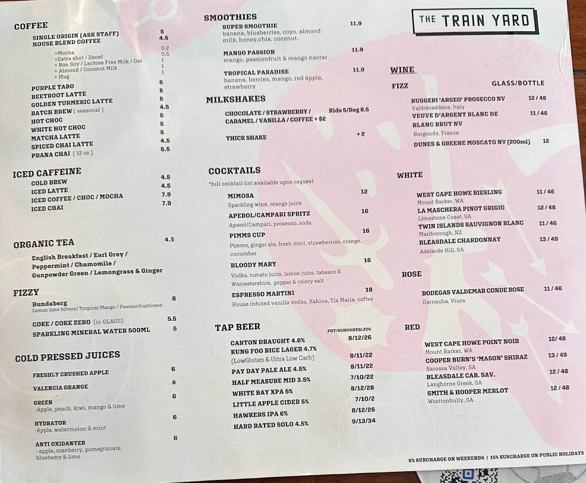 Menu, The Train Yard cafe & Events space