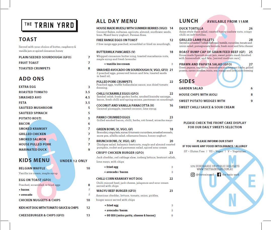 Menu, The Train Yard cafe & Events space