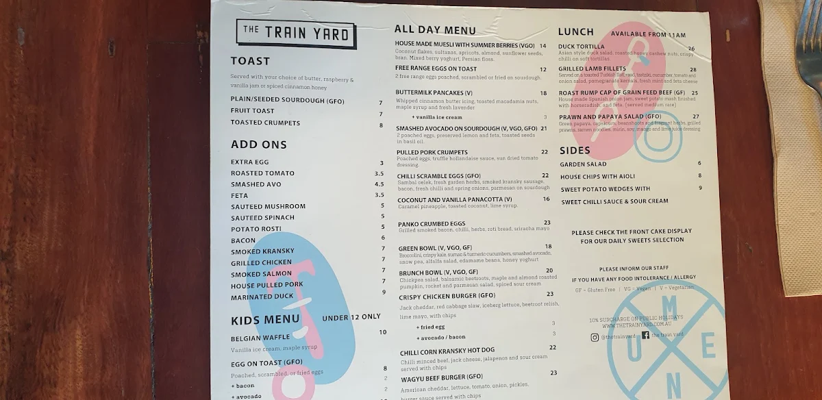 Menu, The Train Yard cafe & Events space