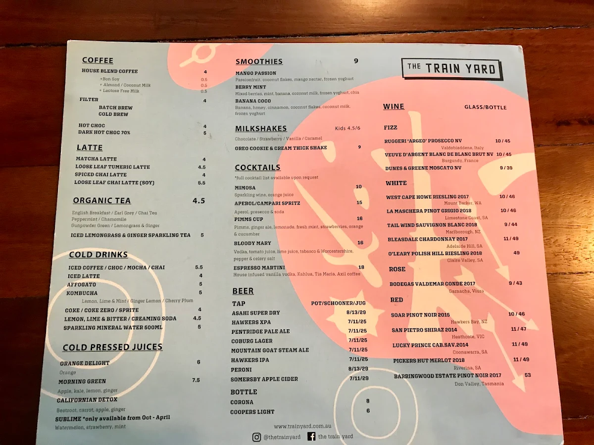 Menu, The Train Yard cafe & Events space