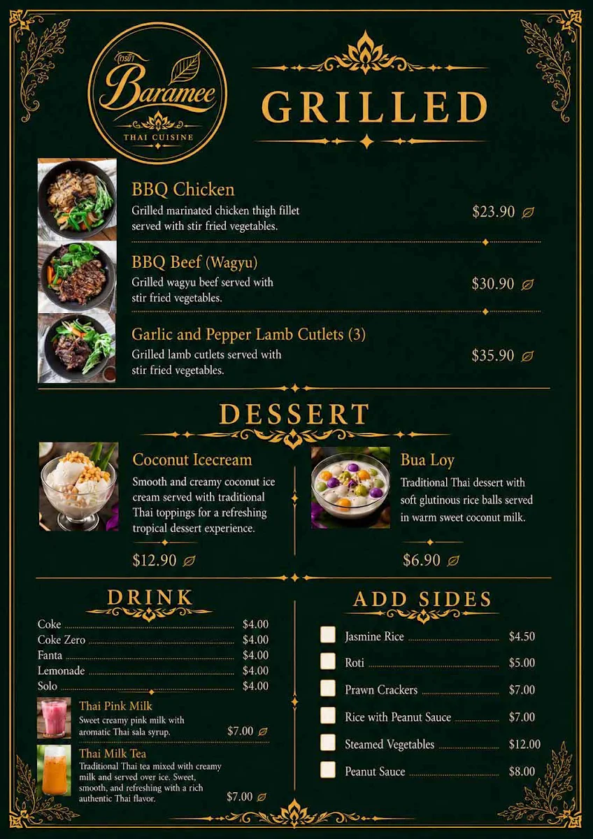 Menu, Baramee Thai Cuisine