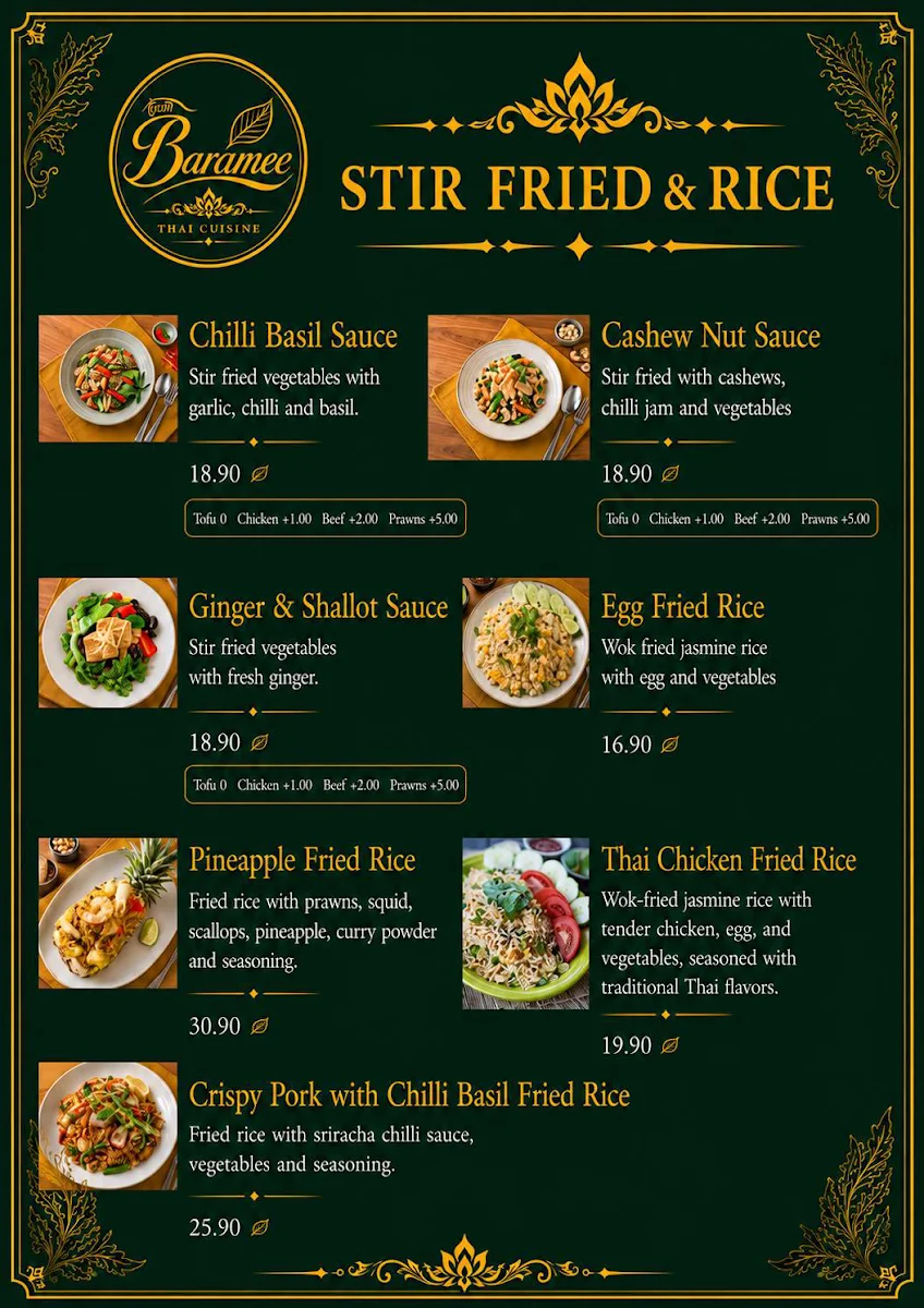 Menu, Baramee Thai Cuisine