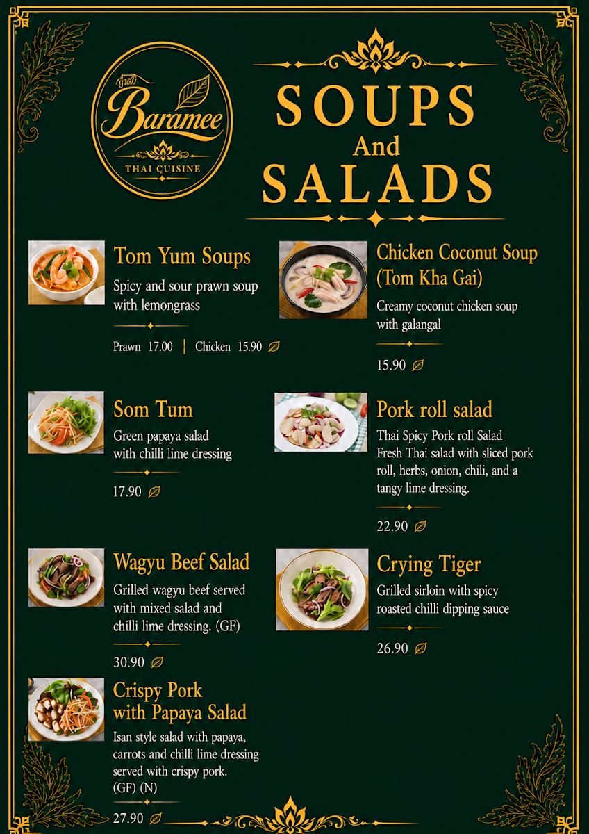 Menu, Baramee Thai Cuisine