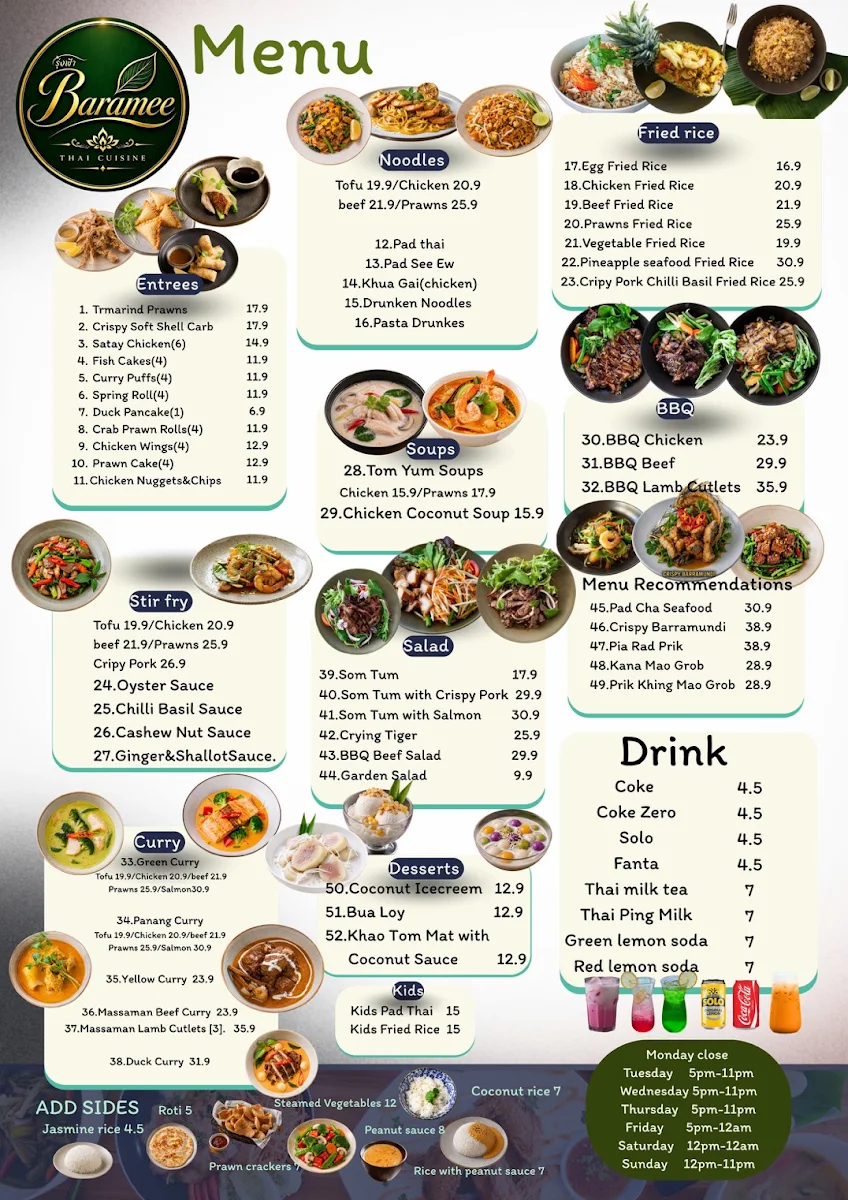Menu, Baramee Thai Cuisine