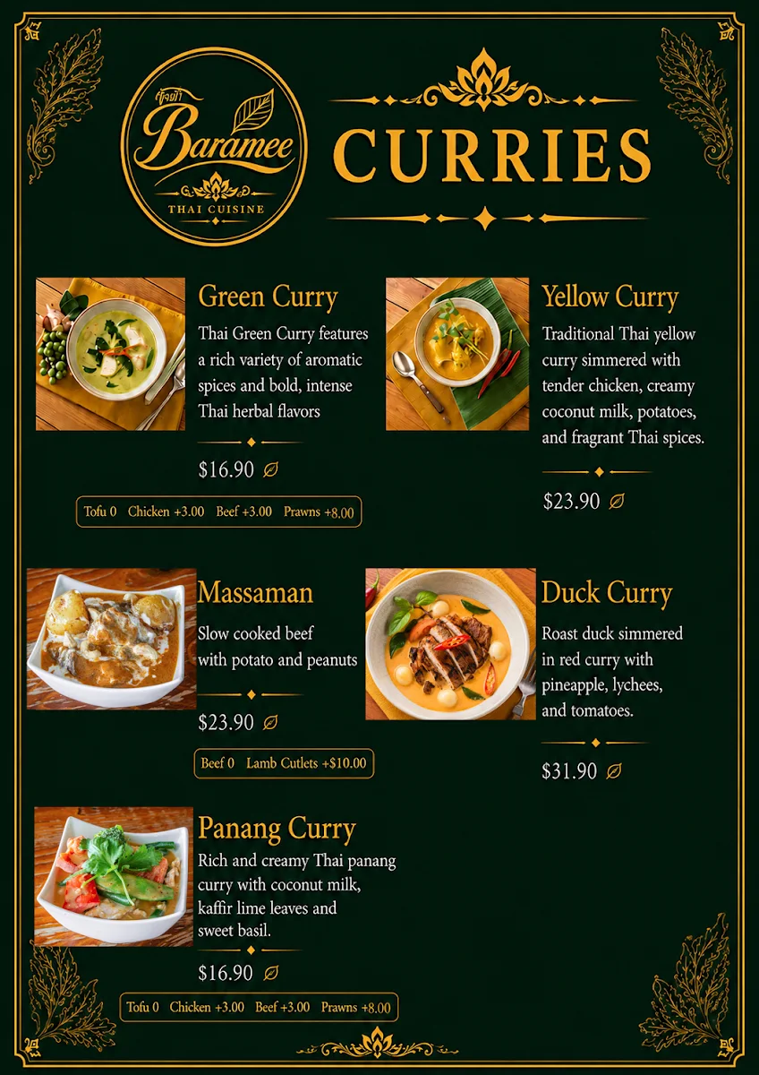 Menu, Baramee Thai Cuisine