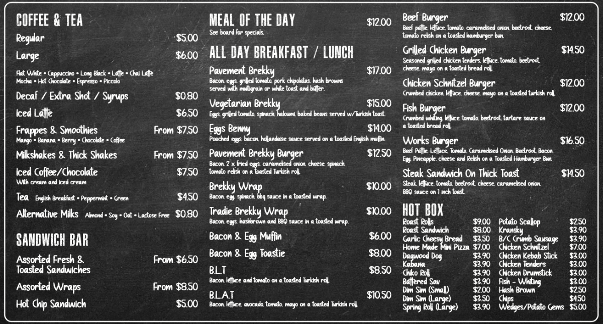 Menu, Pavement Takeaway