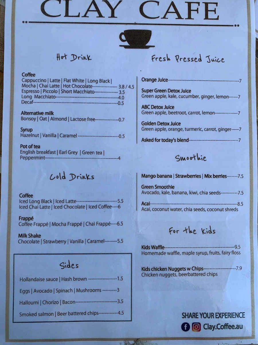 Menu, Clay Cafe