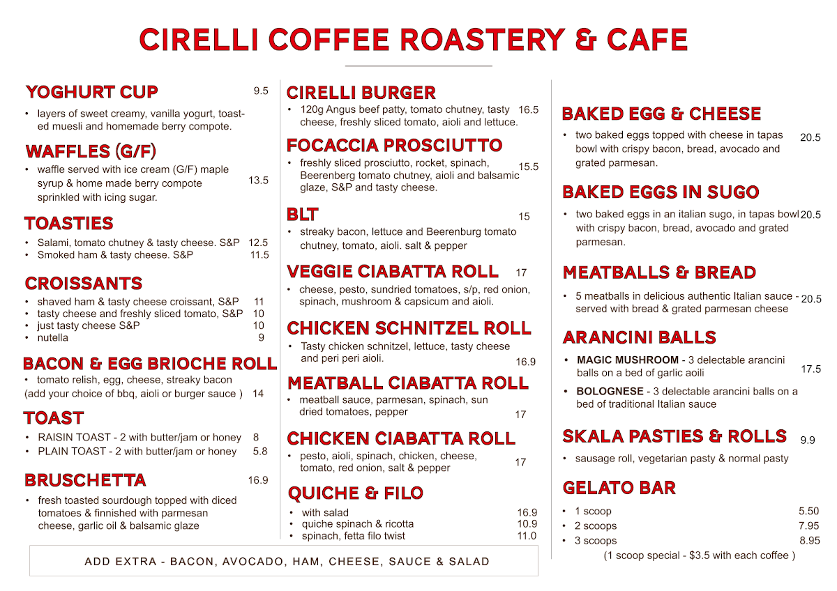 Menu, Cirelli Coffee Roasting Co