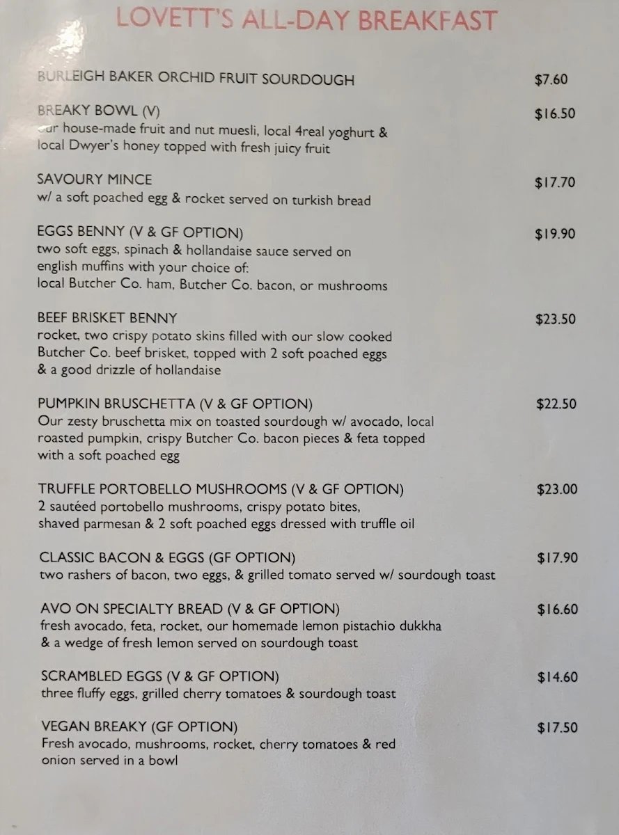 Menu, Lovett at Kalbar