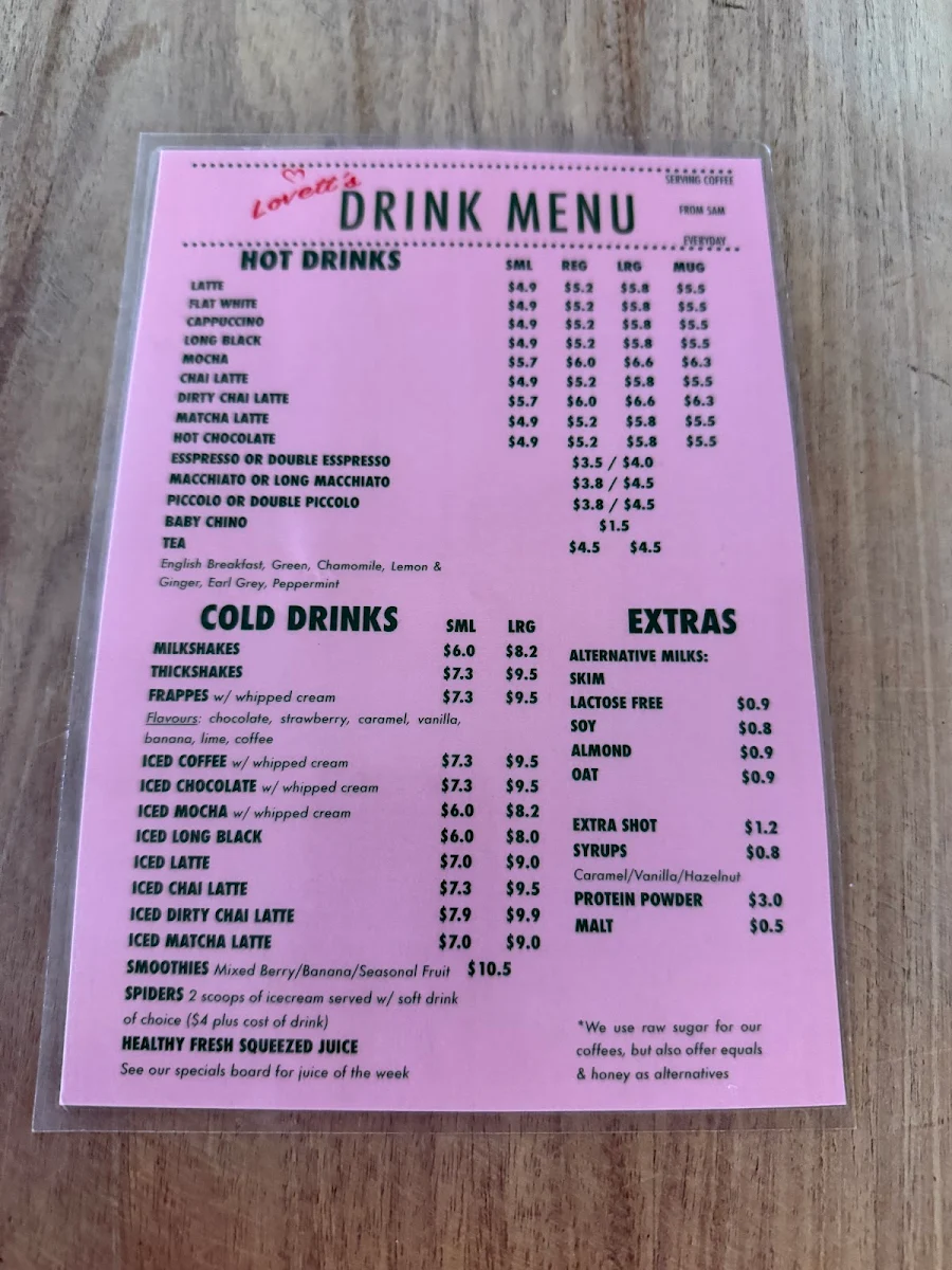 Menu, Lovett at Kalbar
