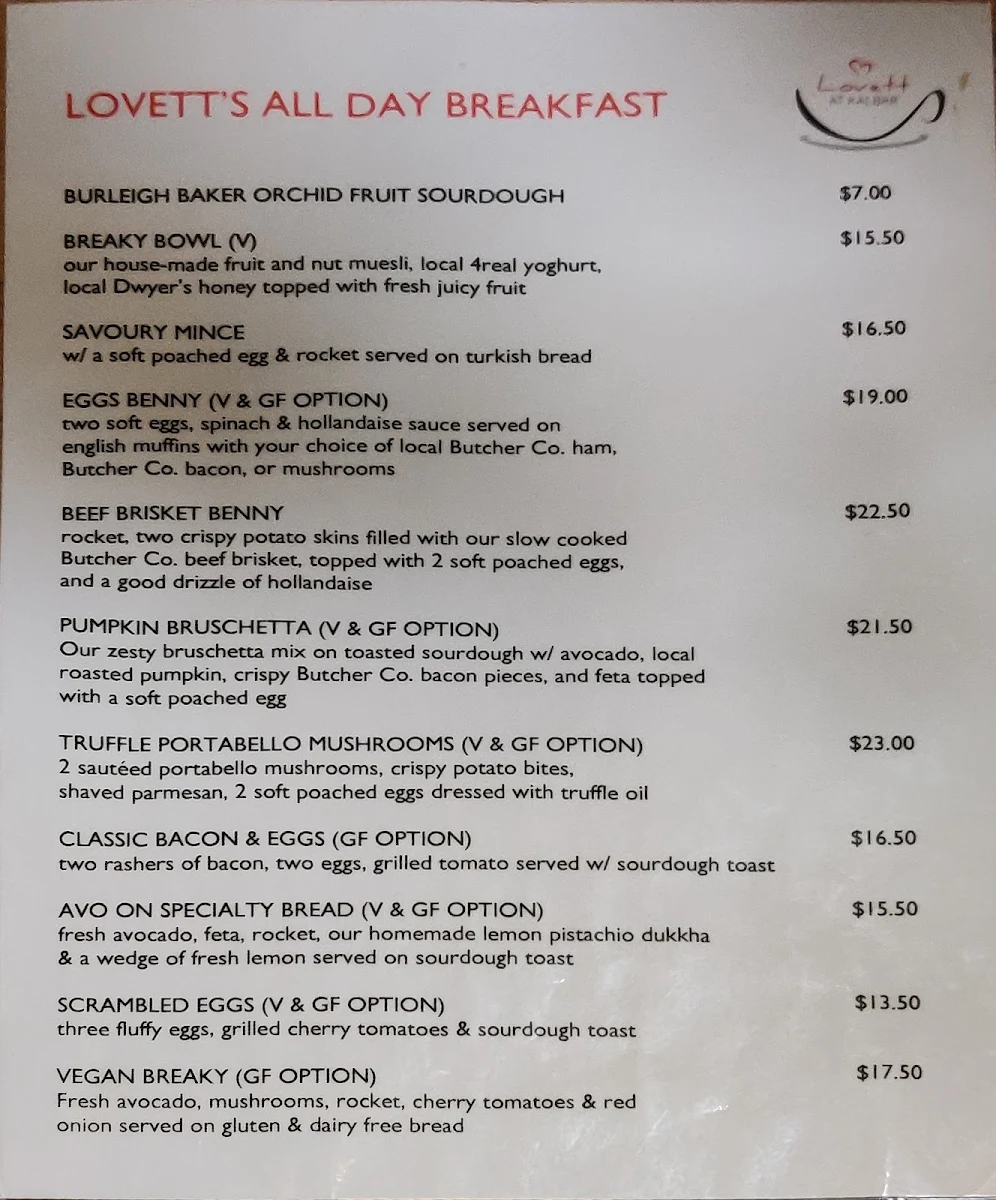 Menu, Lovett at Kalbar