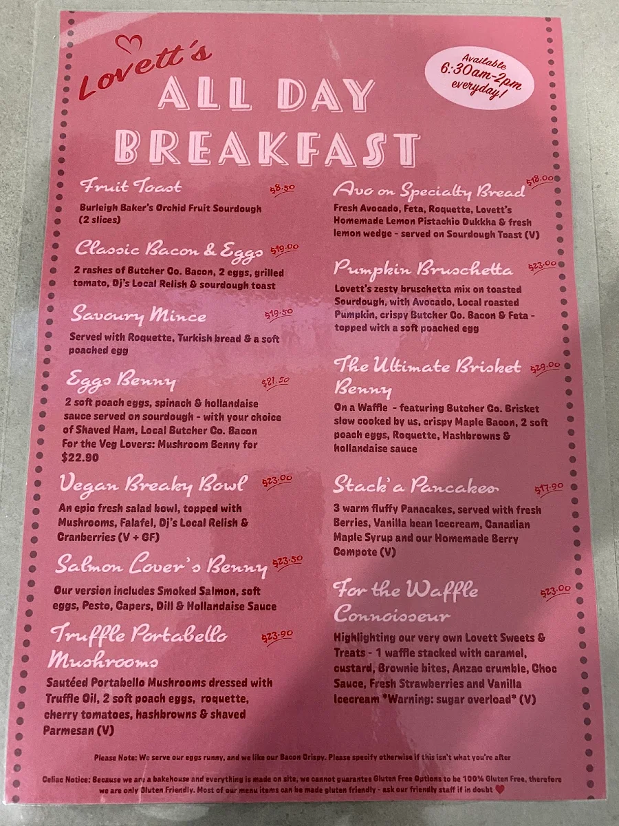 Menu, Lovett at Kalbar