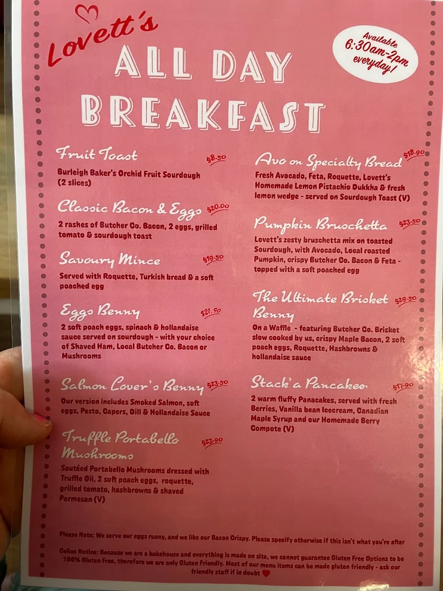 Menu, Lovett at Kalbar