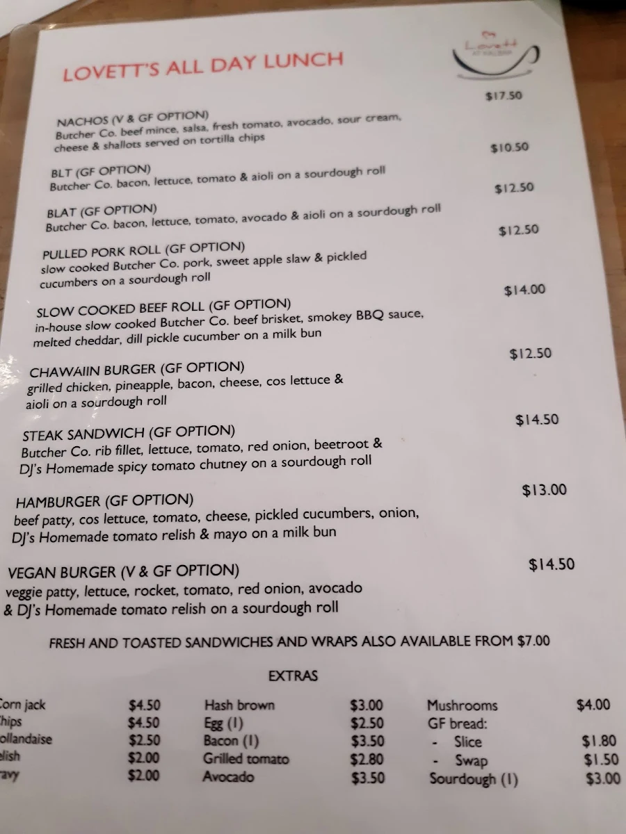 Menu, Lovett at Kalbar