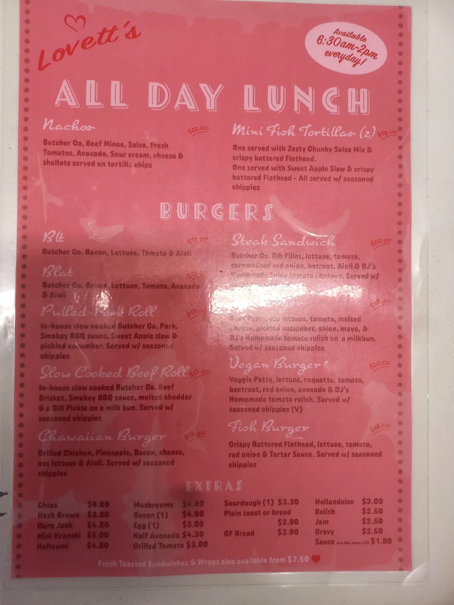 Menu, Lovett at Kalbar