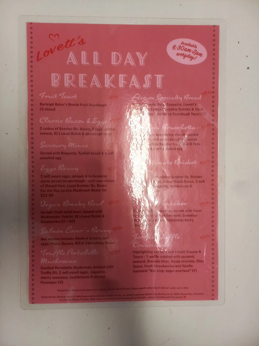 Menu, Lovett at Kalbar
