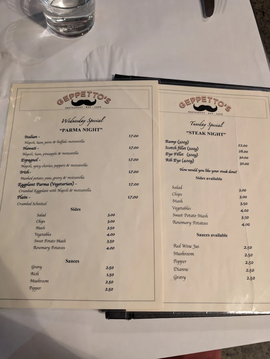 Menu, Geppetto’s