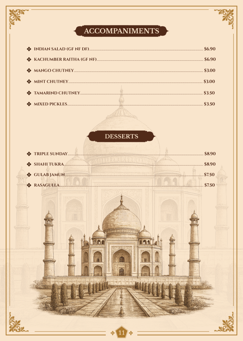 Menu, ESSENCE OF INDIA SA