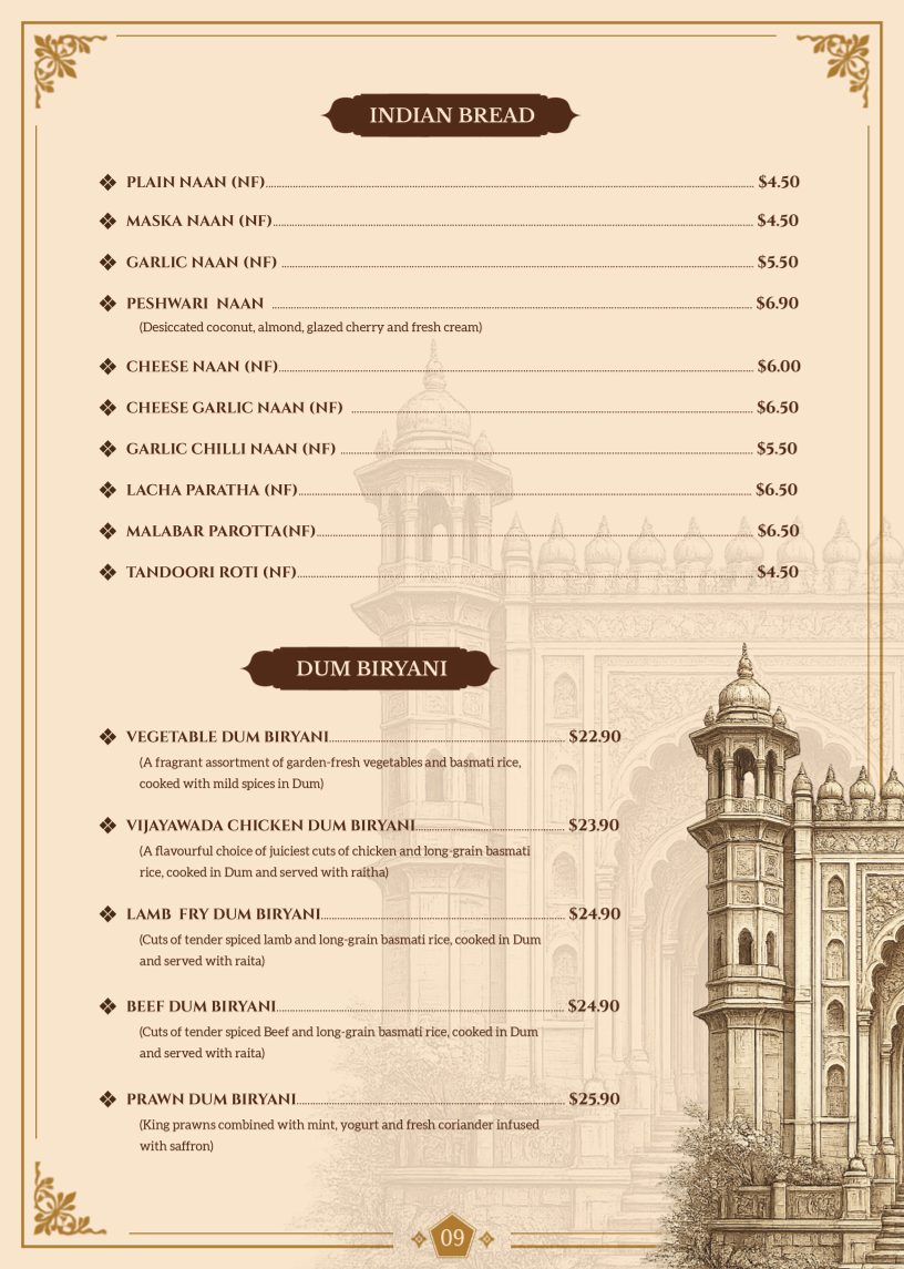 Menu, ESSENCE OF INDIA SA