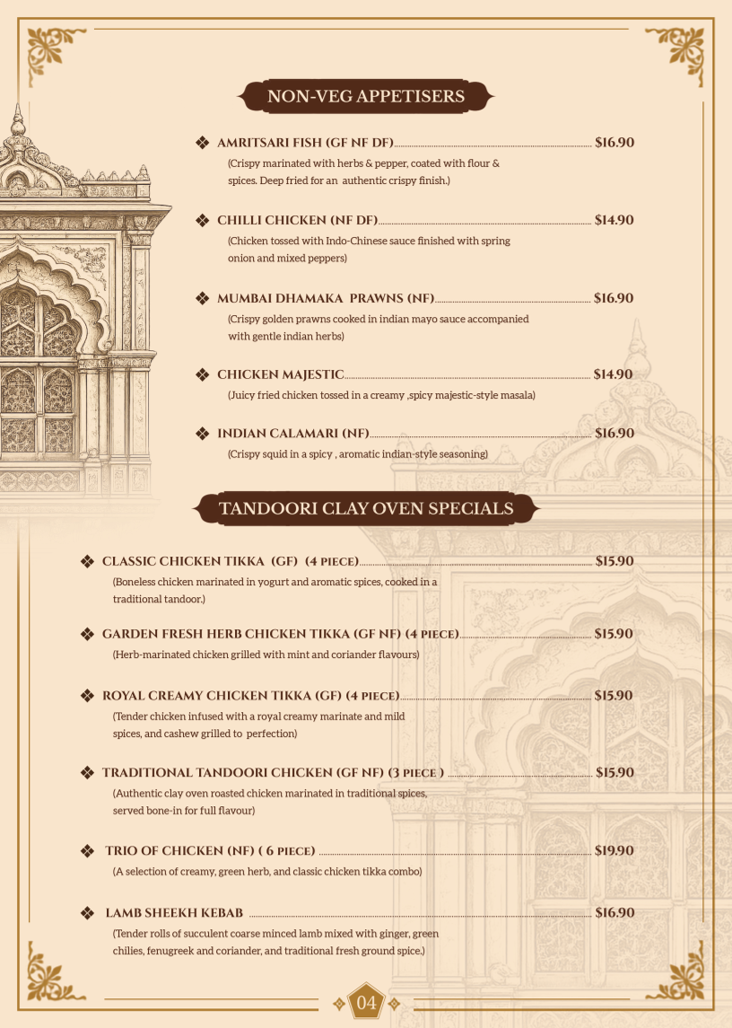 Menu, ESSENCE OF INDIA SA