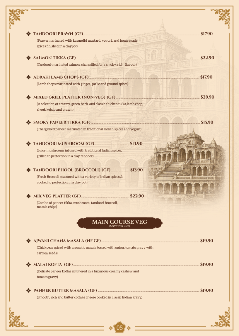 Menu, ESSENCE OF INDIA SA