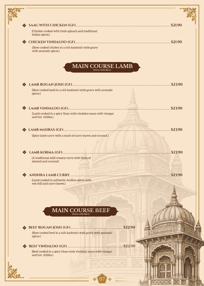 Menu, ESSENCE OF INDIA SA