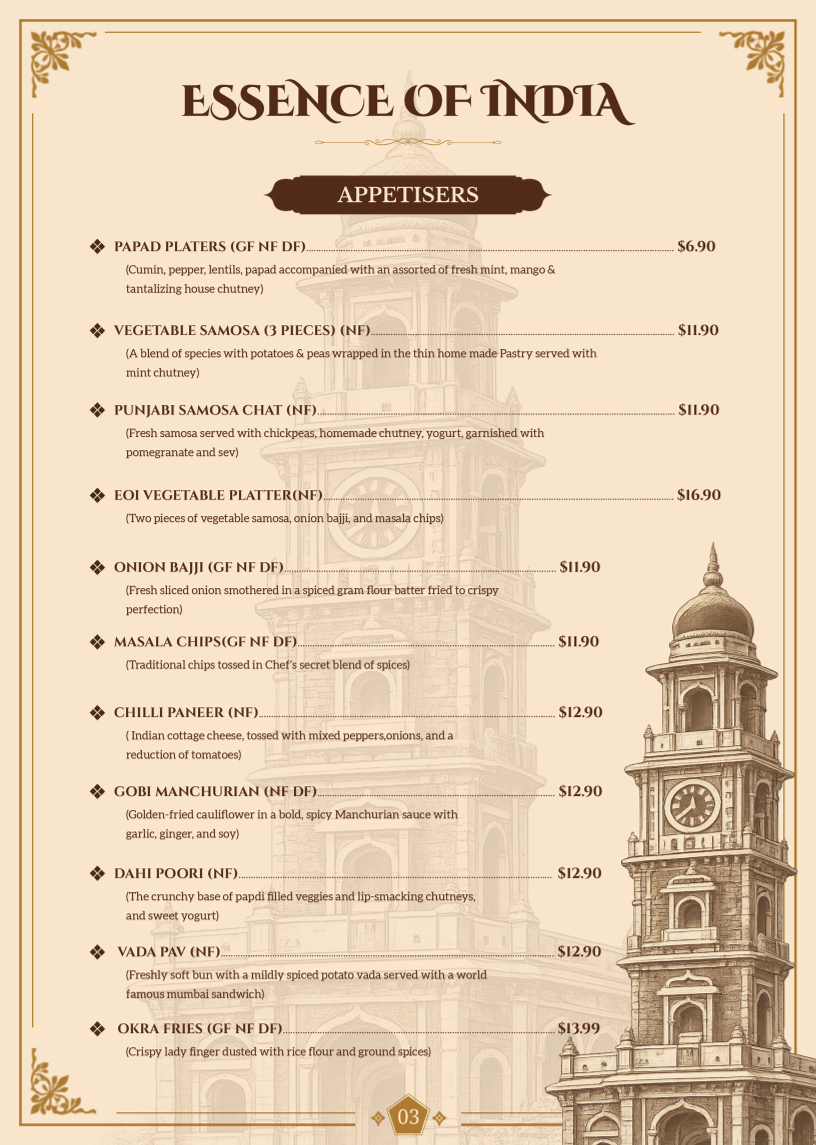 Menu, ESSENCE OF INDIA SA