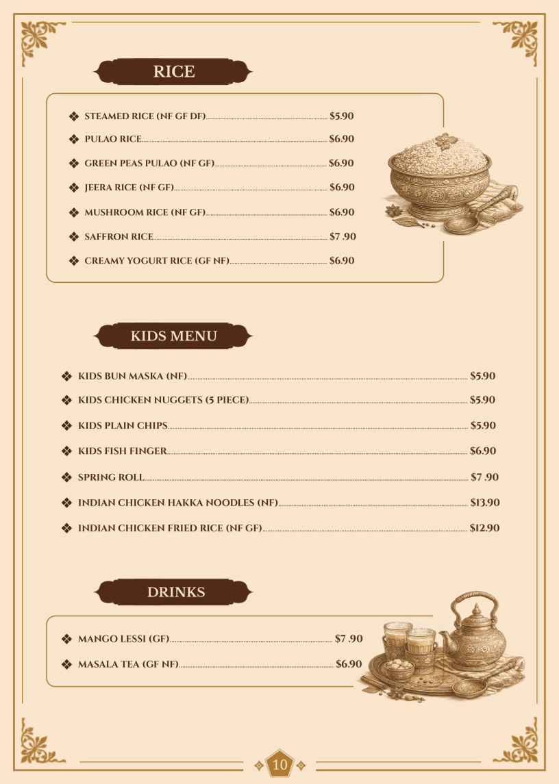 Menu, ESSENCE OF INDIA SA