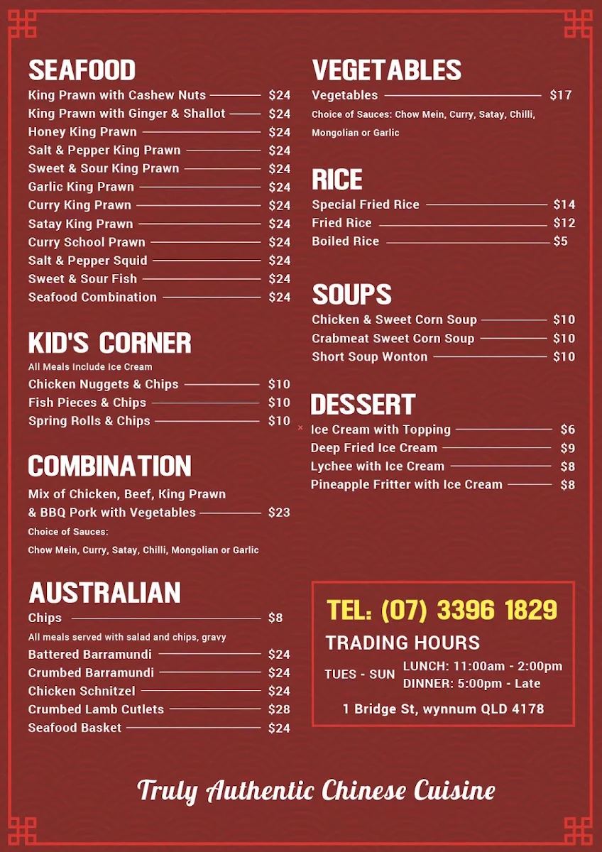 Menu, Pelican Palace Chinese Restaurant
