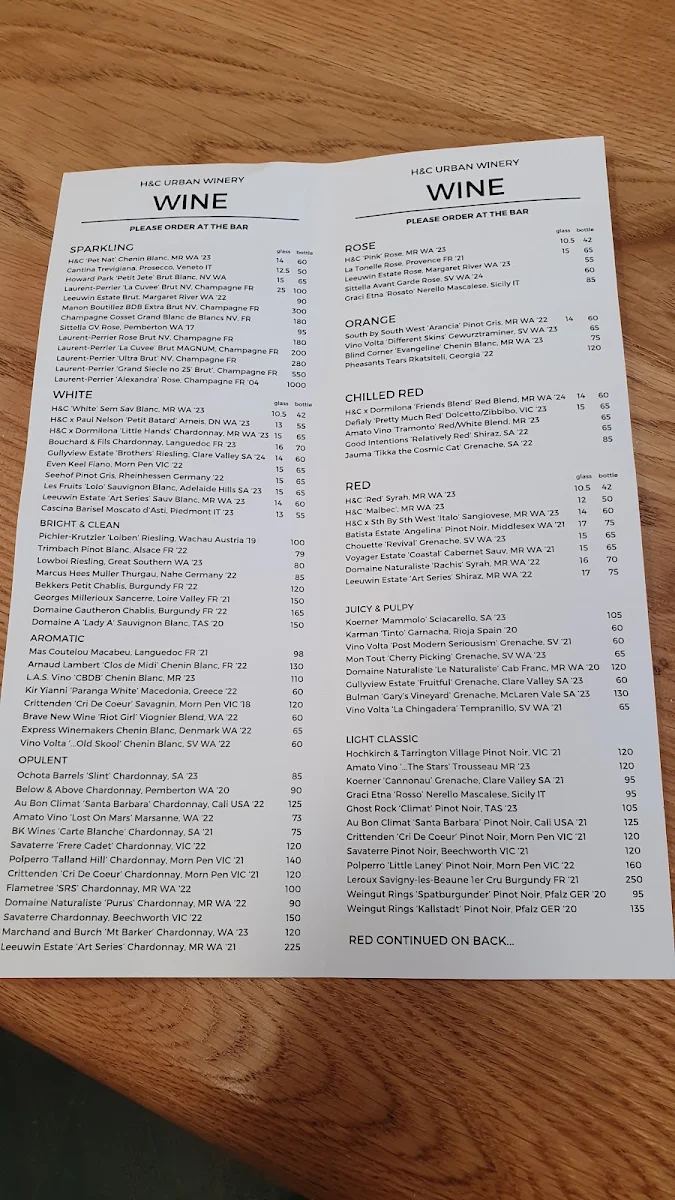 Menu, H&C Urban Winery